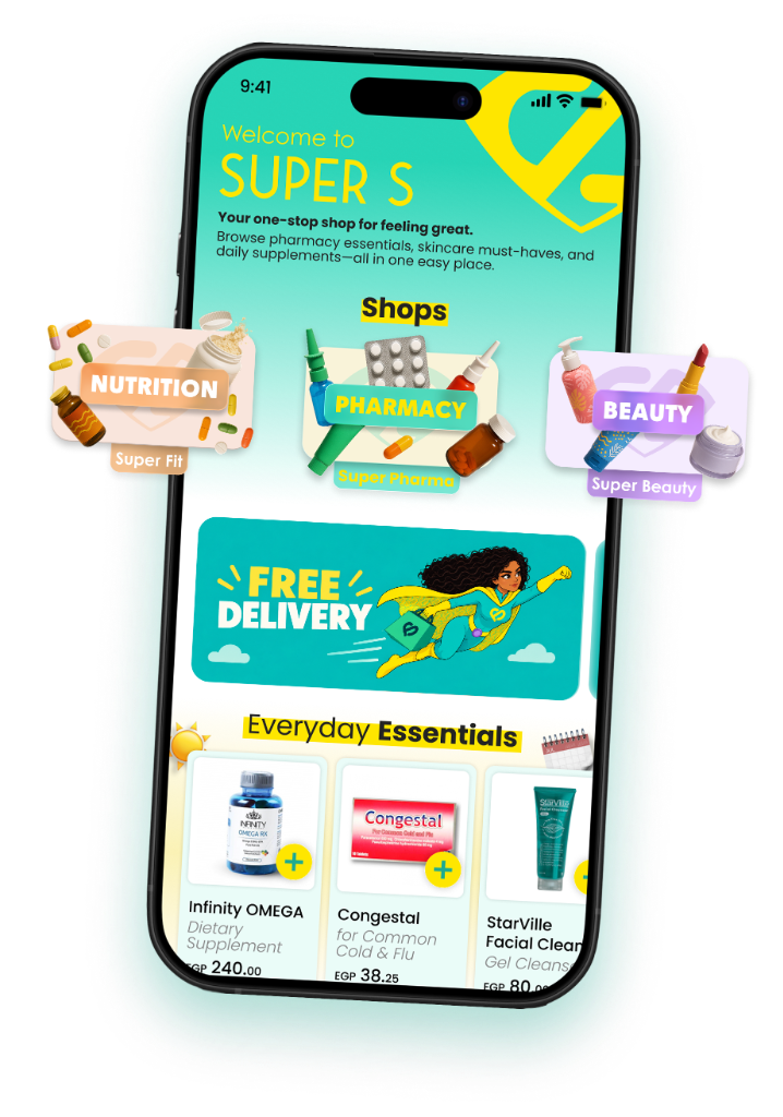 The Super S app home screen, with the Pharmacy, Beauty and Nutrition ranges and a free delivery banner.